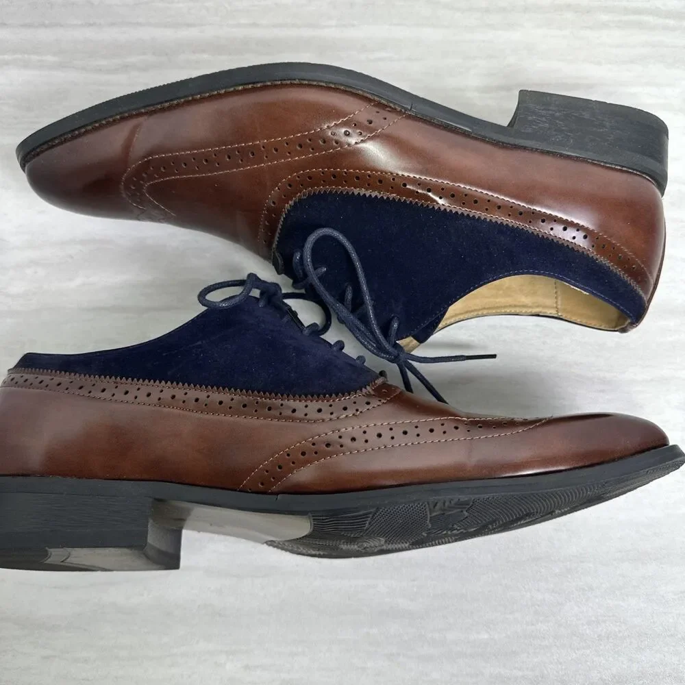 Gino Vitale Men’s Lace Up Wingtip Oxford Dress Shoe Two tone Brown Navy Suede 12